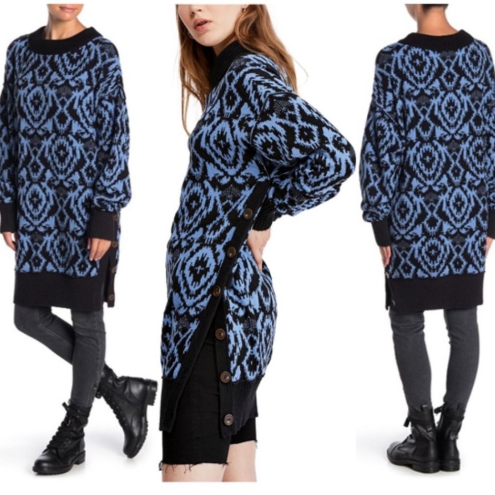 Free People Wallpaper Blue Black Longsleeve Tunic Sweaterโ Dress M